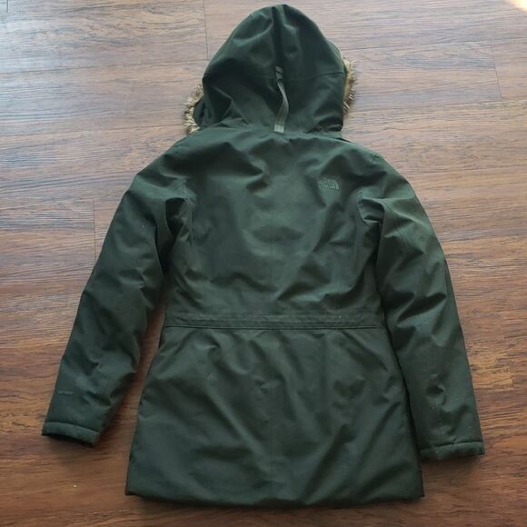 Northface Women's Green Parka Chic Feminine Winter Puffer Faux Fur Trim Size S - Picture 7 of 8